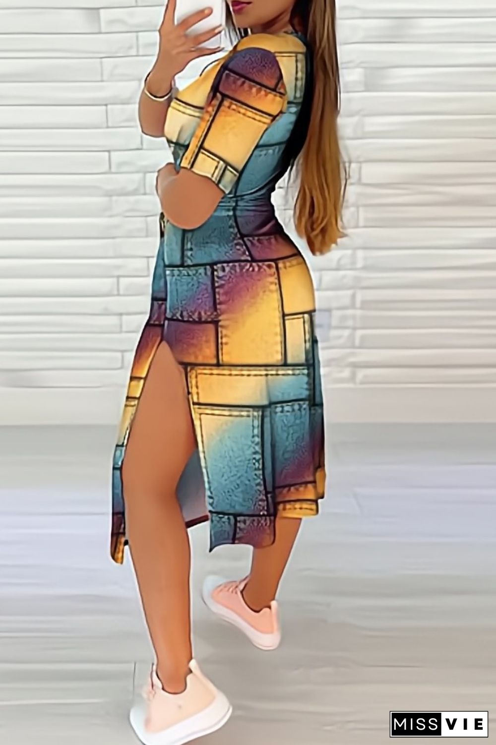 Yellow Casual Print Slit O Neck Short Sleeve Dress