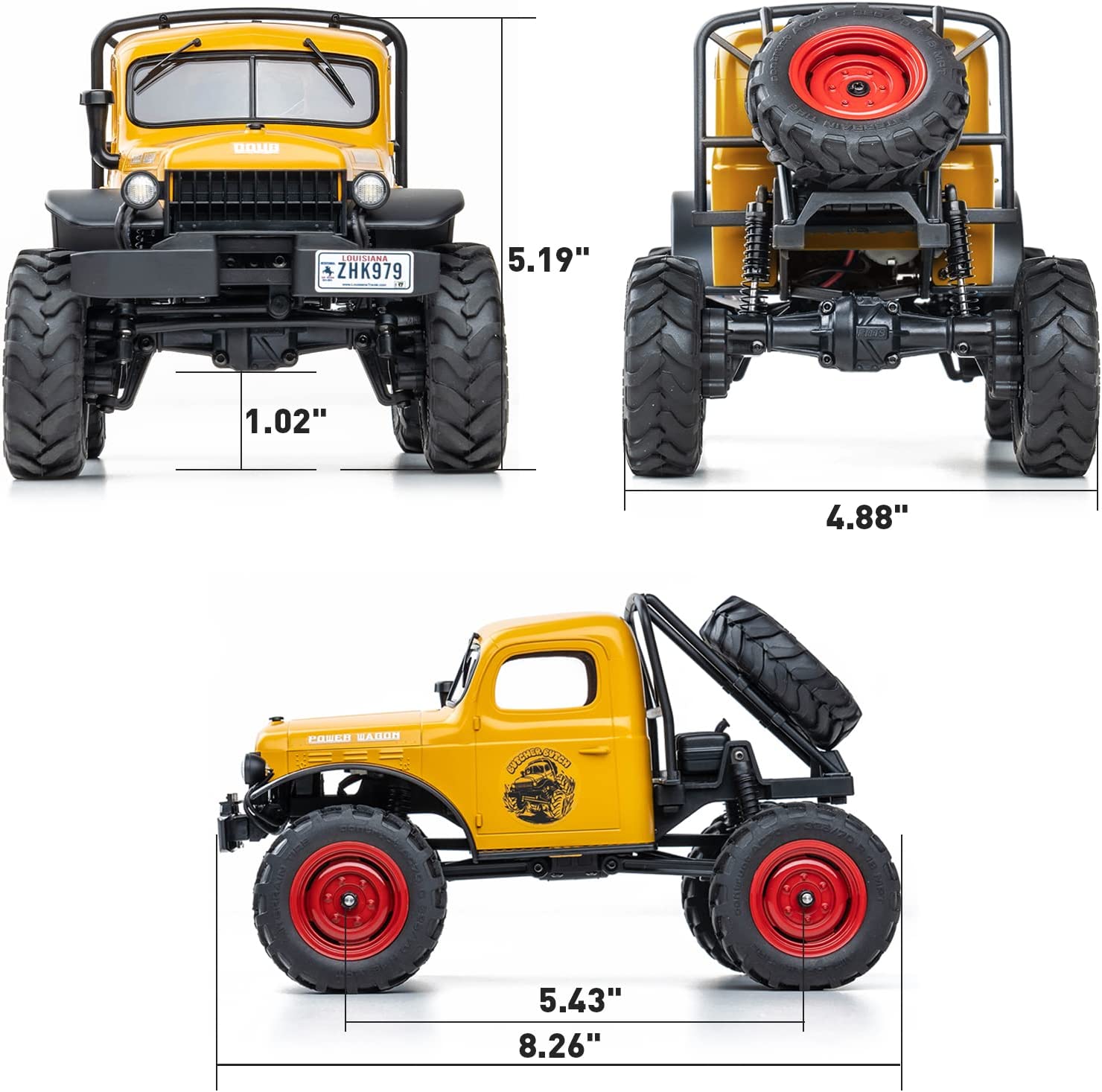 FMS RC Crwaler 1/24 Scale FCX24 Power Wagon Butcher RTR 4WD 2.4GHz Brushed OffRoad RC Car Model Vehicle Hobby Grade Remote Control Car with LED Lights Transmitter Battery USB Charger Included (Yellow)