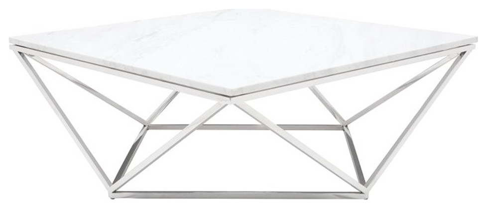 Nuevo Jasmine Square Marble Top Coffee Table in Silver and White   Transitional   Coffee Tables   by Homesquare  Houzz