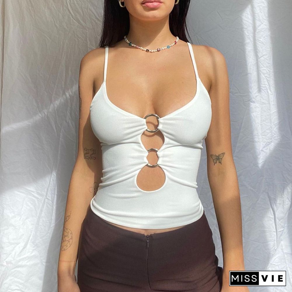 Fashion Trend Sexy Hollow Out Camisole Tops Women Sleeveless V Neck Solid Slim Fit Tank Top Summer Crop Top Streetwear