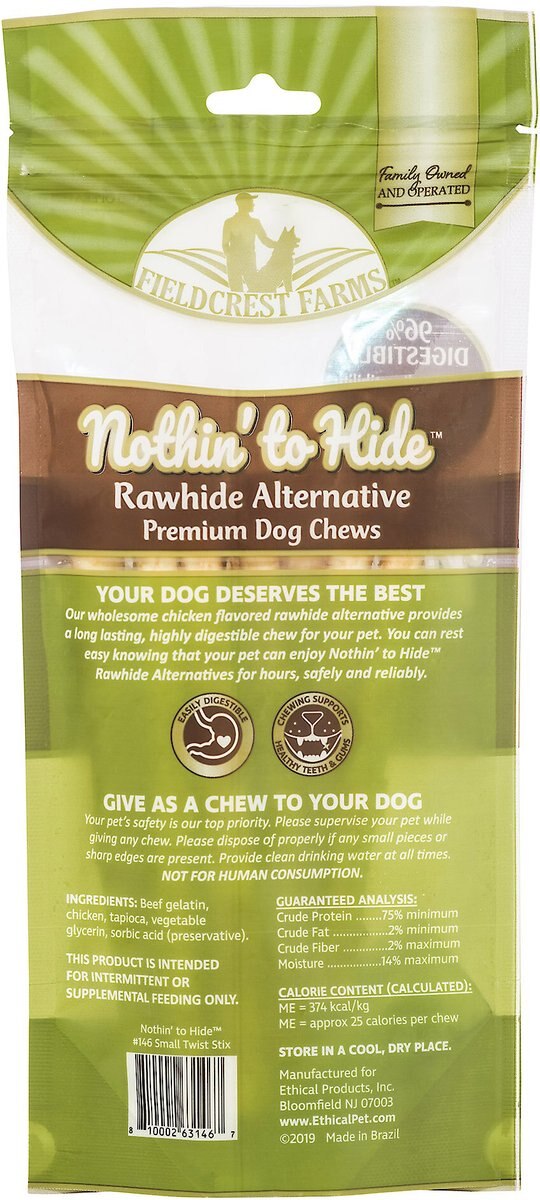 Fieldcrest Farms Nothin' To Hide Rawhide Alternative Premium Dog Chews Small Twist Stix Chicken Flavor Natural Chew Dog Treats， 10 count