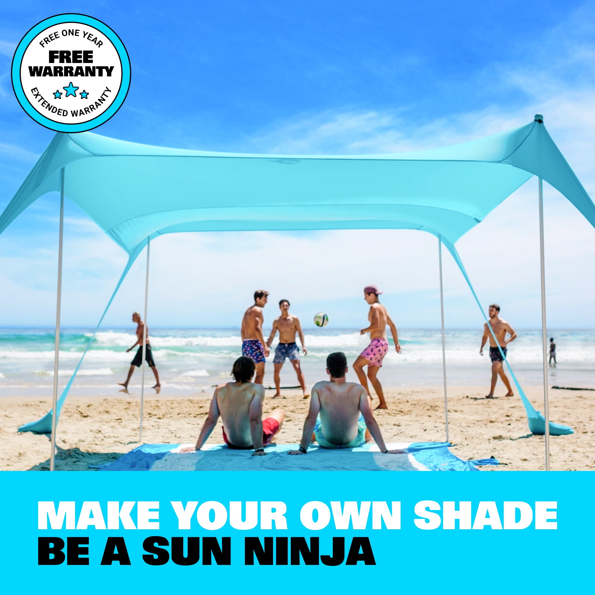 SUN NINJA 7x7.5 Turquoise Outdoor Pop Up Beach Tent With Shovel， Pegs， Stability Poles