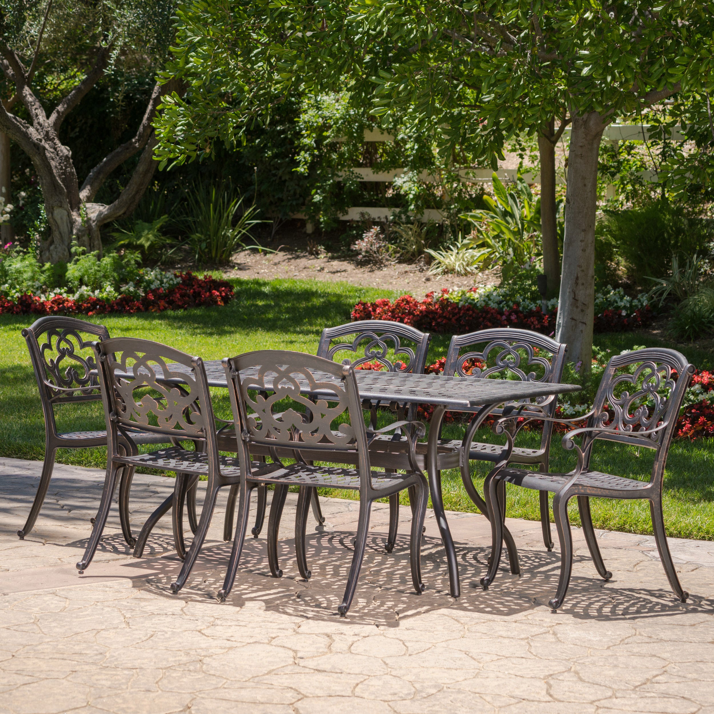 Carlton Outdoor 7 Pc Patina Copper Cast Aluminum Dining Set