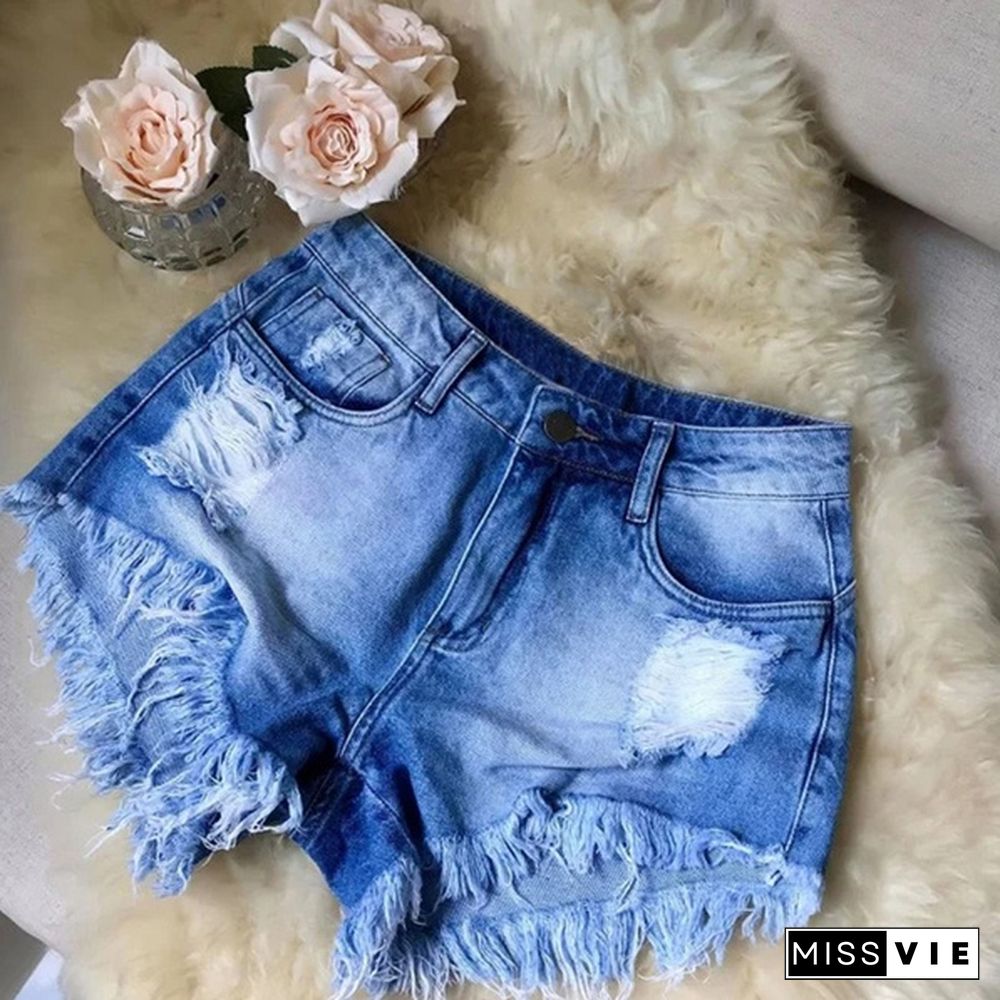 Womens Fashion Washed Frayed Denim Jean Shorts Summer Hot Pants High Waisted Shorts Jeans Feminino