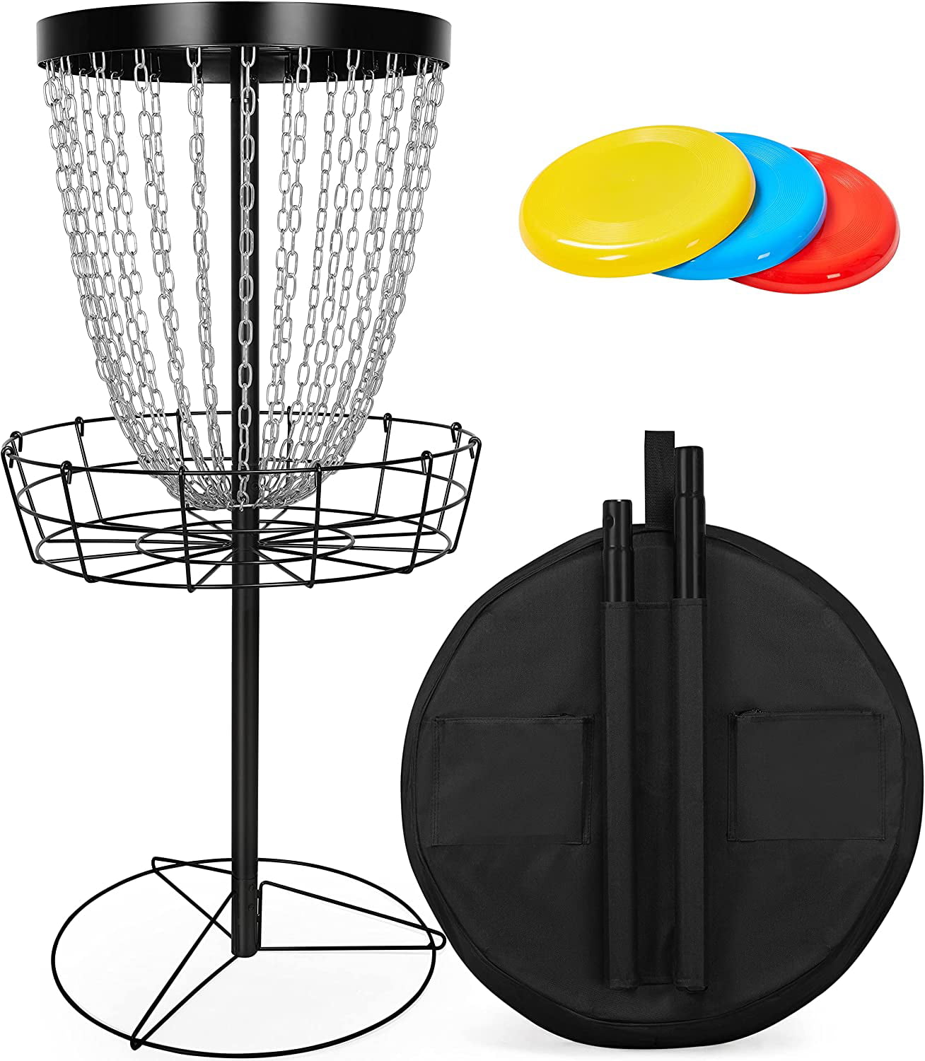 24-Chain Disc Golf Basket with 3 Discs and Weather Resistant Carrying Bag, Portable Disc Golf Practice Basket Target Heavy Duty Metal Frisbee Golf Basket Set for Indoor and Outdoor