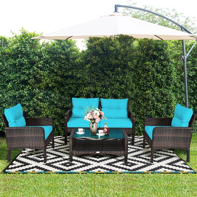 Costway 4pcs Patio Rattan Furniture Set Loveseat Sofa Coffee Table W turquoise Cushion