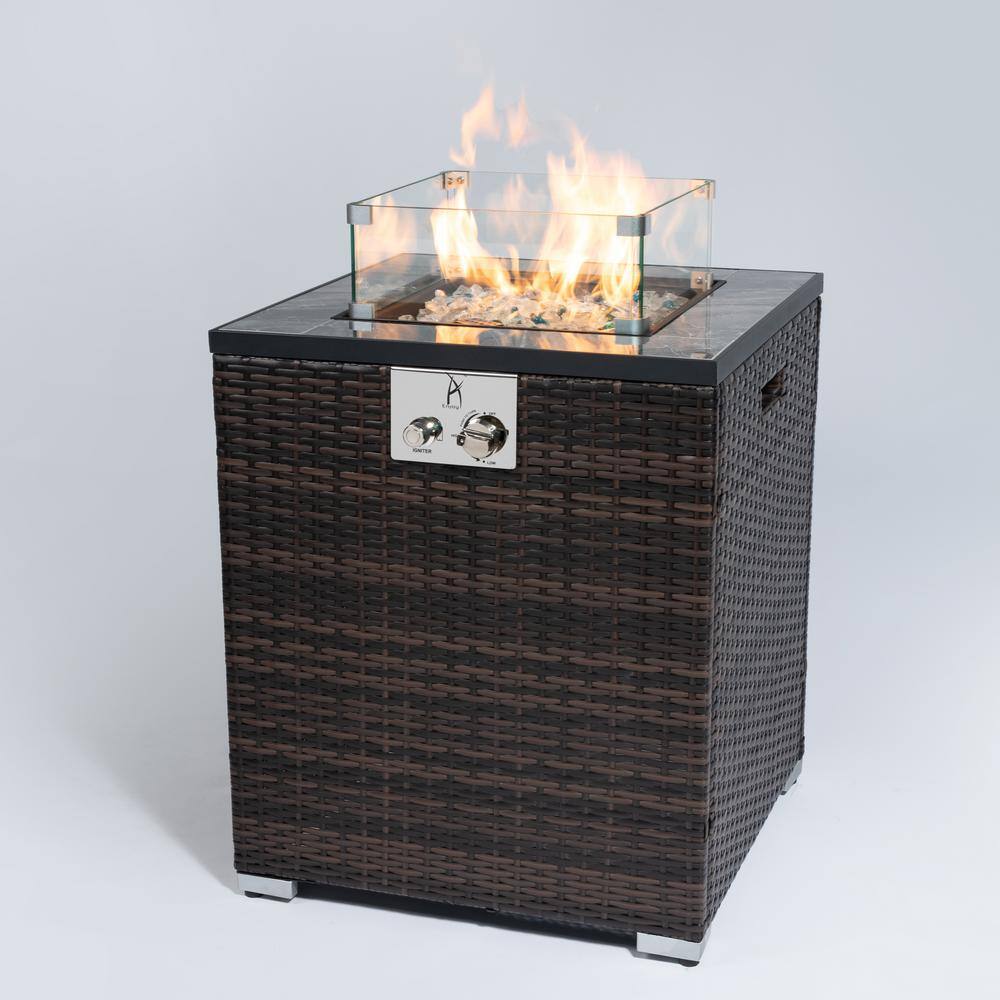 Cesicia 28 in. Brown Wicker Square Outdoor Fire Pit Table with Ceramic Tile Tabletop jinxFirePit003