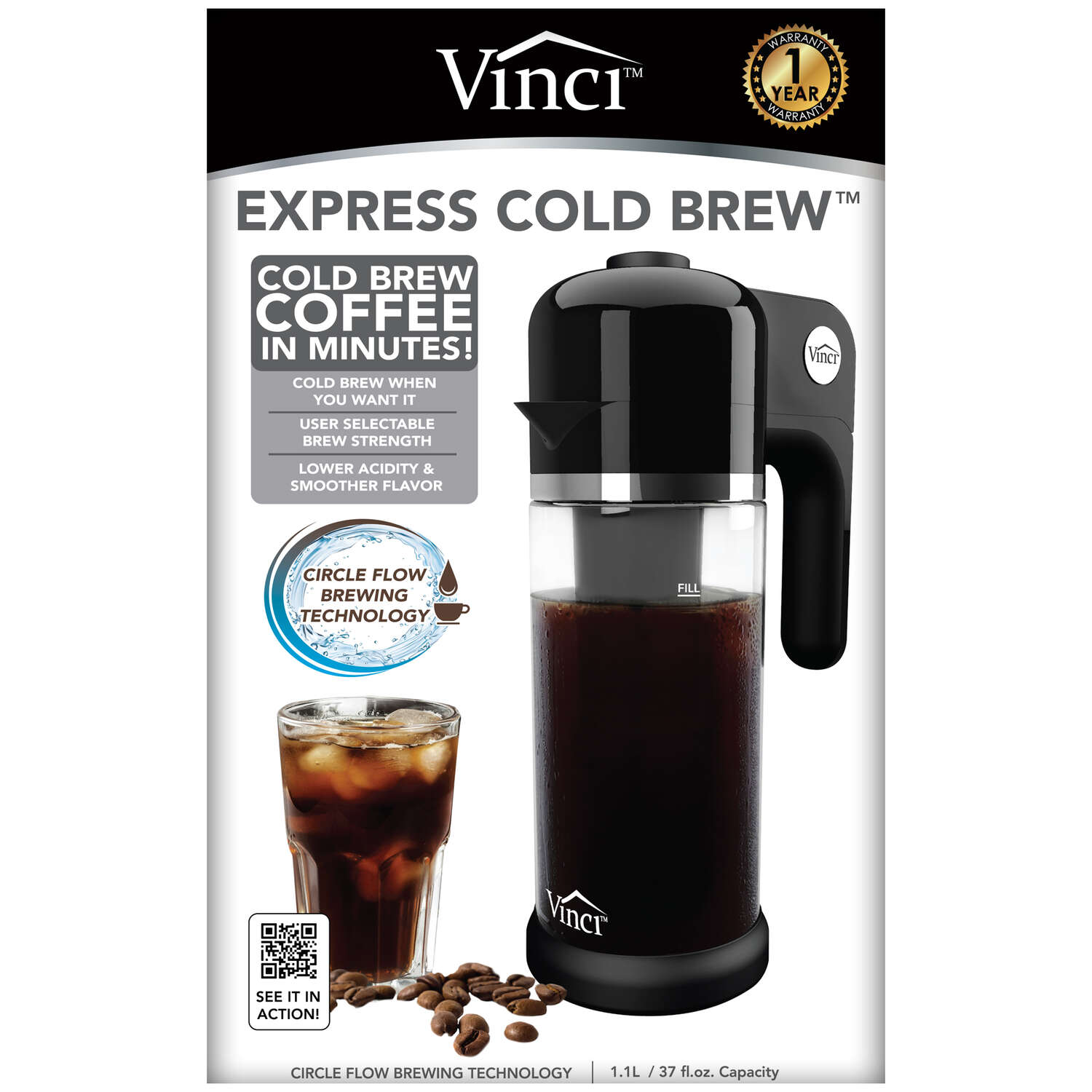 Vinci 1.1 L Black/Clear Cold Brew Coffee Maker