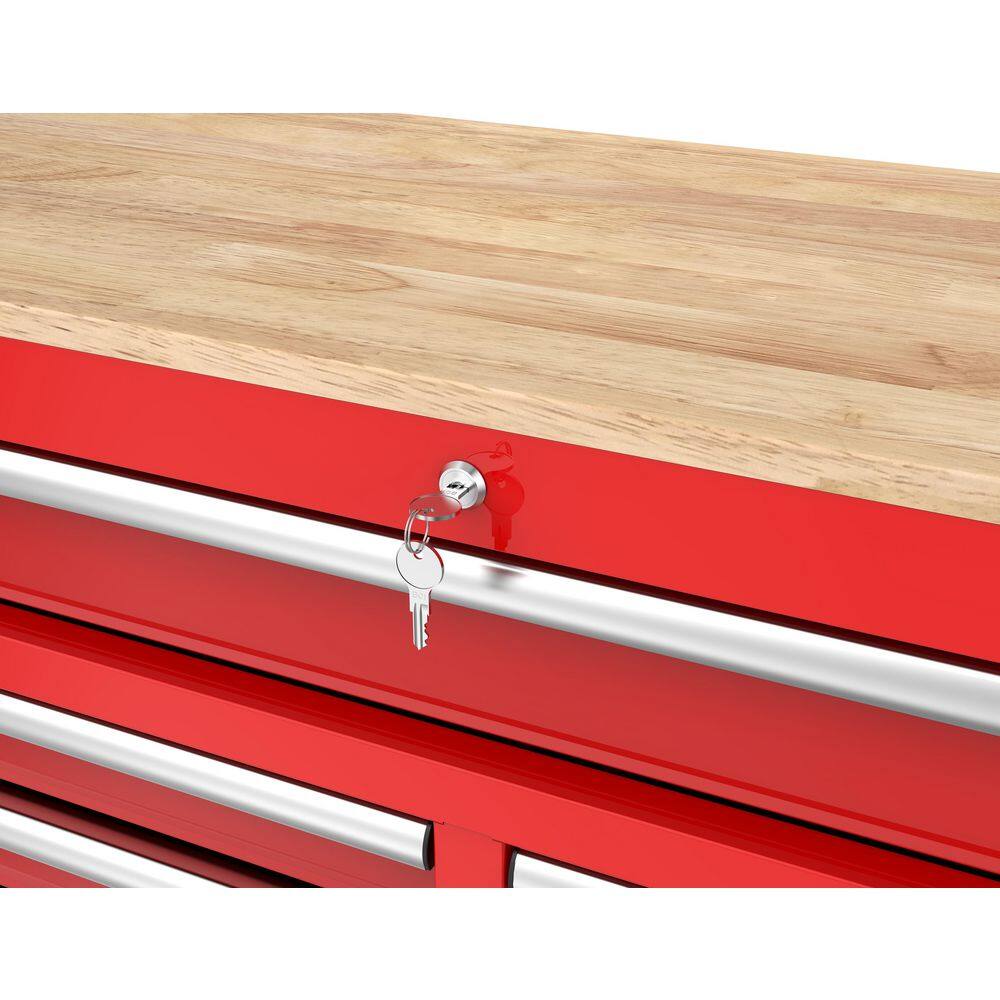 Husky 46 in. W x 18 in. D 9-Drawer Gloss Red Mobile Workbench Cabinet with Solid Wood Top H46X18MWC9RED