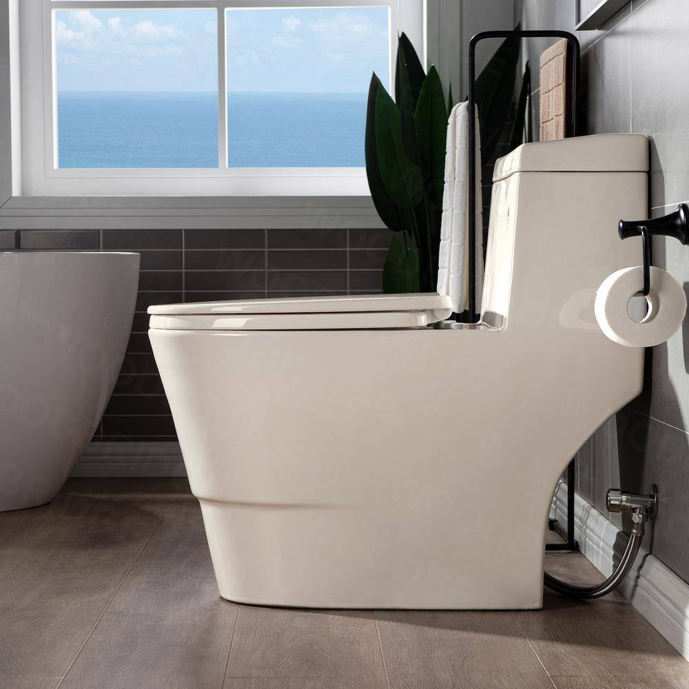 WOODBRIDGE Flora 1-Piece 1.11.6 GPF Dual Flush Elongated Comfort Height Toilet in Biscuit with Soft Closed Seat Included HB0942