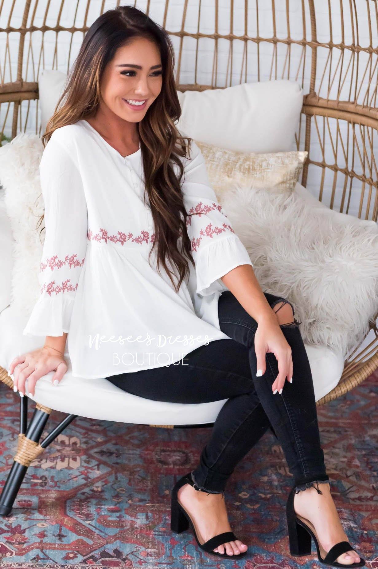 Ivory Flounce Embroidered Blouse