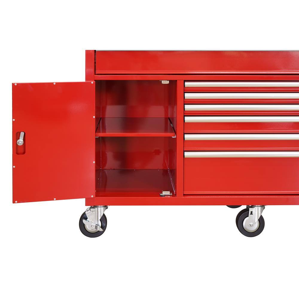 Husky 61 in. W x 22.1 in D Standard Duty 7-Drawer 1-Door Mobile Workbench Tool Chest with Solid Wood Top in Gloss Red HOTC6107B21M