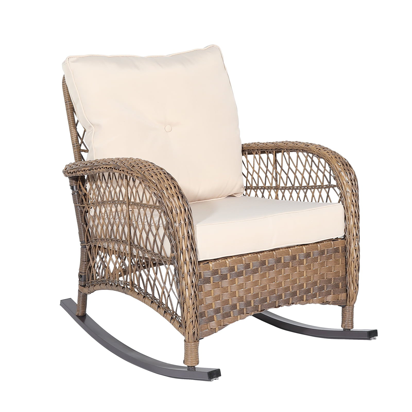 MEETWARM Outdoor Wicker Rocking Chair, Rattan Patio Rocker Chairs with Cushions and Steel Frame - Beige