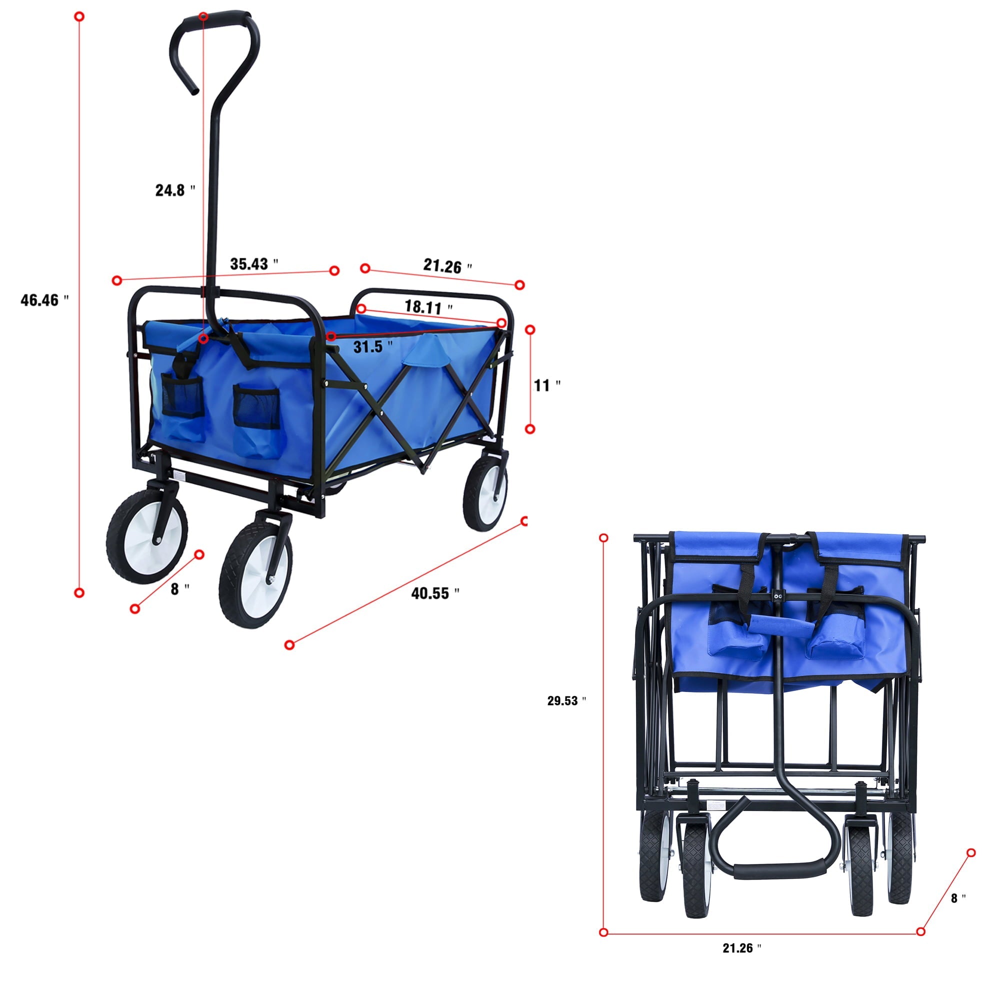 Outdoor Collapsible Folding Utility Wagon with Universal Wheels & Adjustable Handle for Shopping, Garden, Park Picnic and Beach Camping，Blue