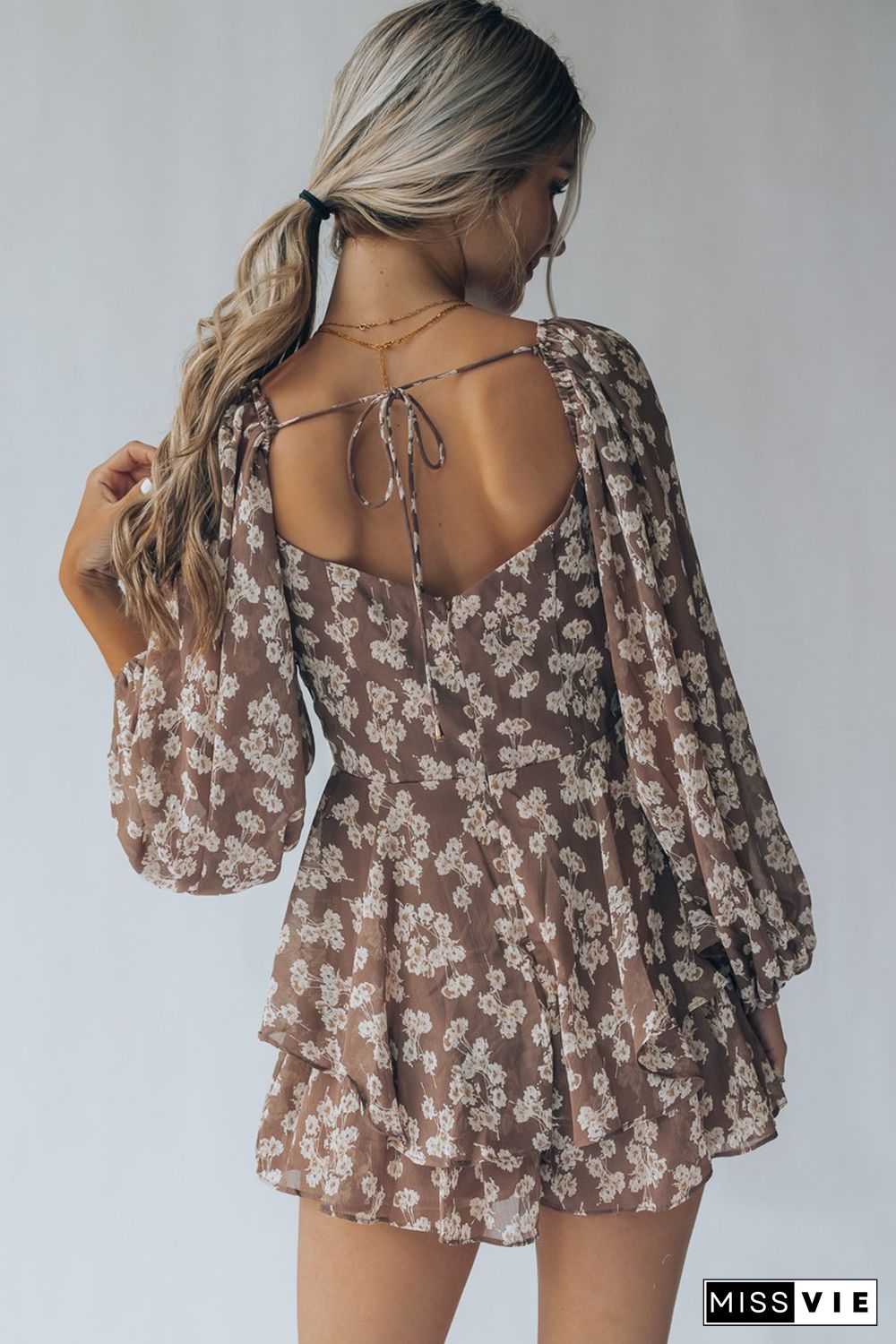 Brown Bubble Sleeve Floral Romper