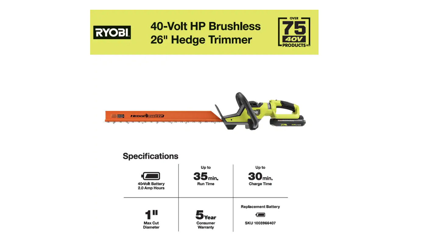 RYOBI RY40640VNM 40V HP Brushless 26 in. Cordless Battery Hedge Trimmer with 2.0 Ah Battery and Charger