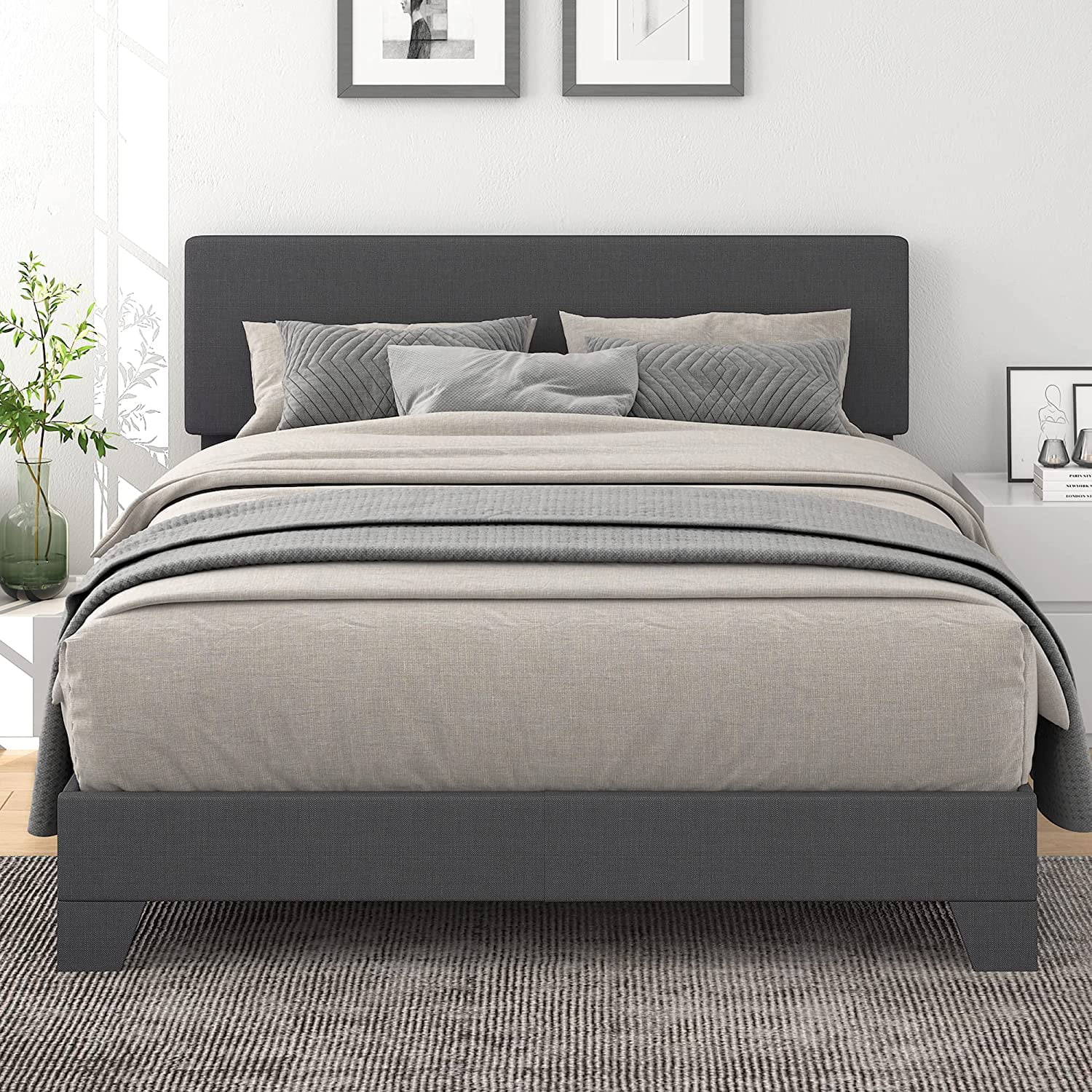 Allewie Queen Platform Bed Frame with Upholstered Adjustable Fabric Headboard, Dark Grey