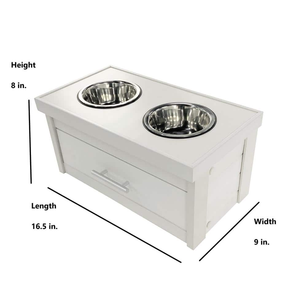 New Age Pet ECOFLEX Piedmont 40 oz. 2-Bowl Dog Diner with Storage Drawer in Antique White EHHF304S