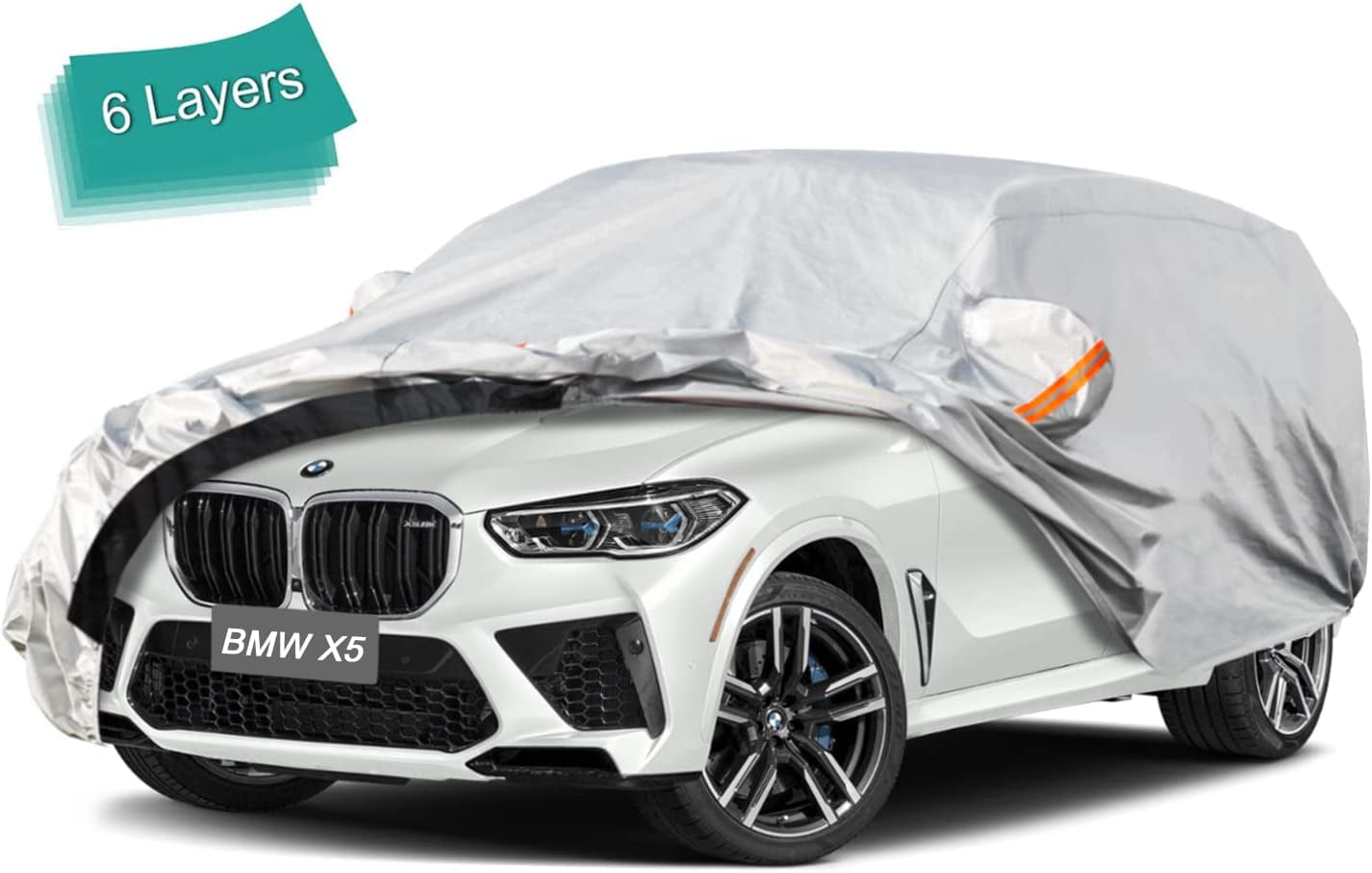 KouKou SUV Car Cover Custom Fit BMW X5/X6 from 2007 to 2022， 6 Layer Heavy Duty Full Exterior Cover Waterproof All Weather， Silver