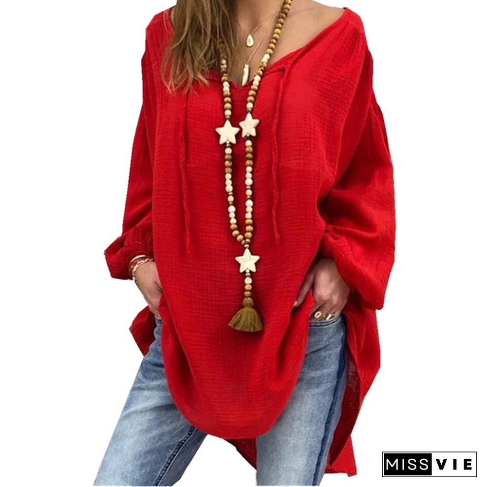 NEW Women Fashion Top Plus Size Loose Puff Long Sleeves Blouse V-neck Casual T-shirt