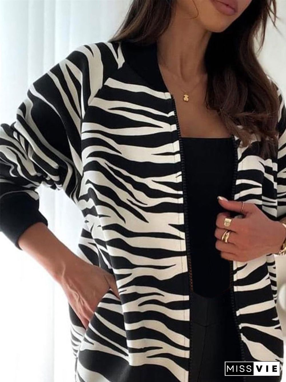 Casual Zebra Long Sleeve Printed Outwears Jackets