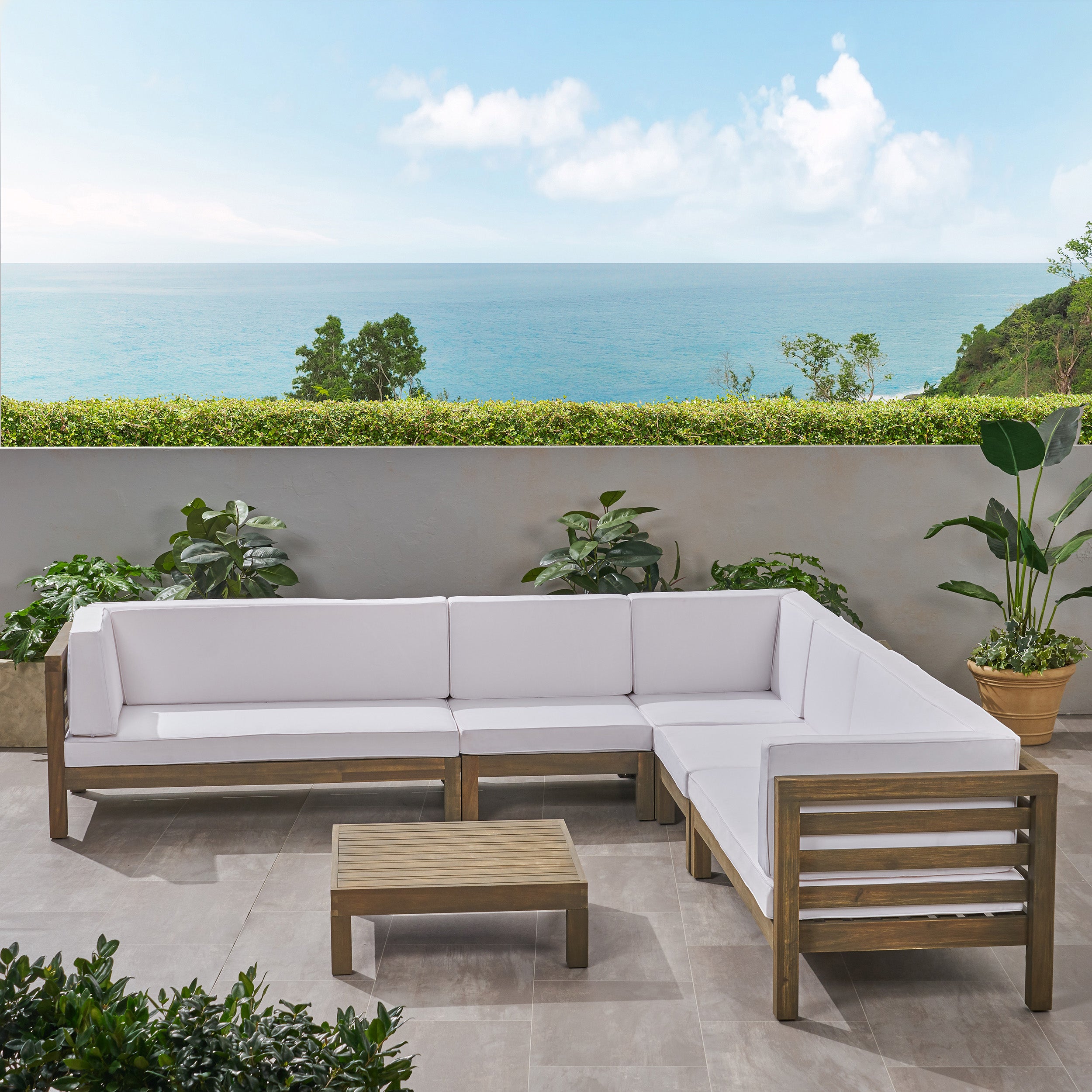 Emma Outdoor 7 Seater Acacia Wood Sectional Sofa Set