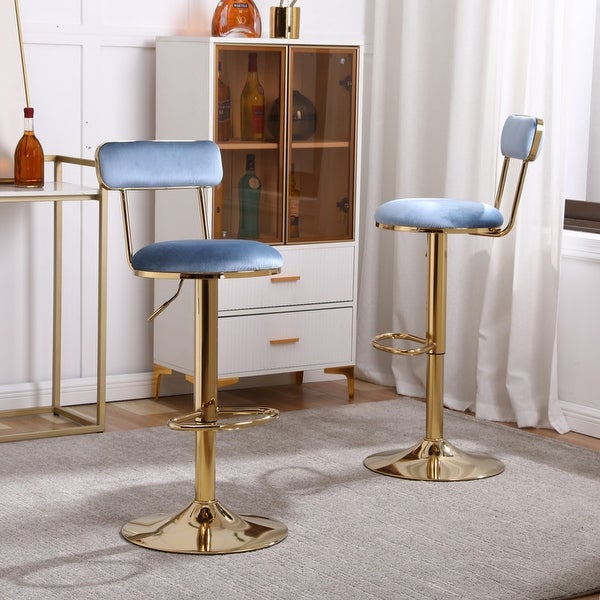 Velvet Bar Stools With Gold Metal Legs，Counter Height Dining Chairs with Back and Footrest，Set of 2