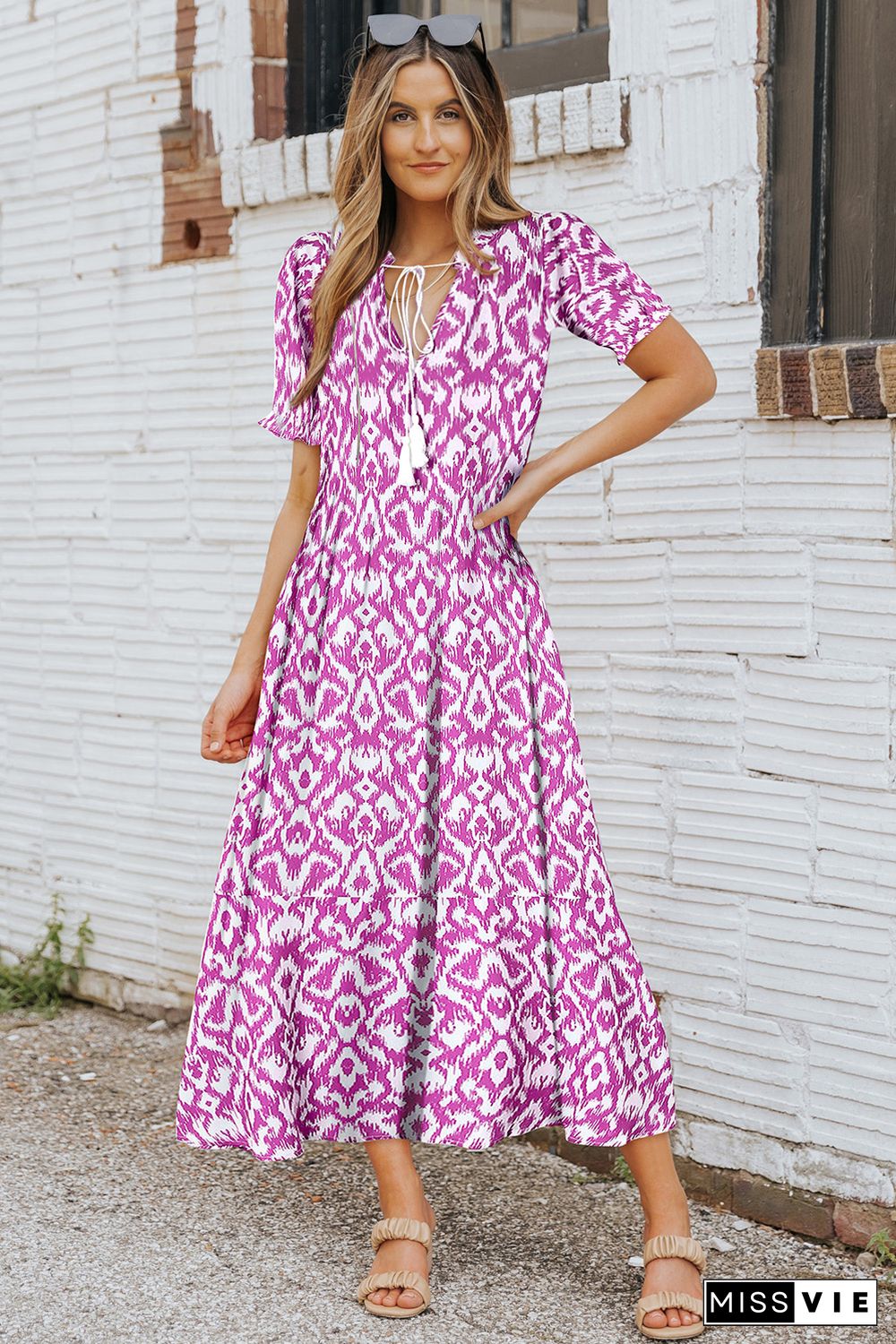 Pink V Neck Casual Geometric Print Maxi Dress