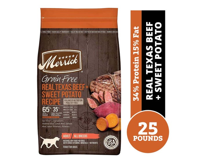 Merrick Grain Free Real Texas Beef + Sweet Potato Recipe Adult Dry Dog Food， 25 lb. Bag