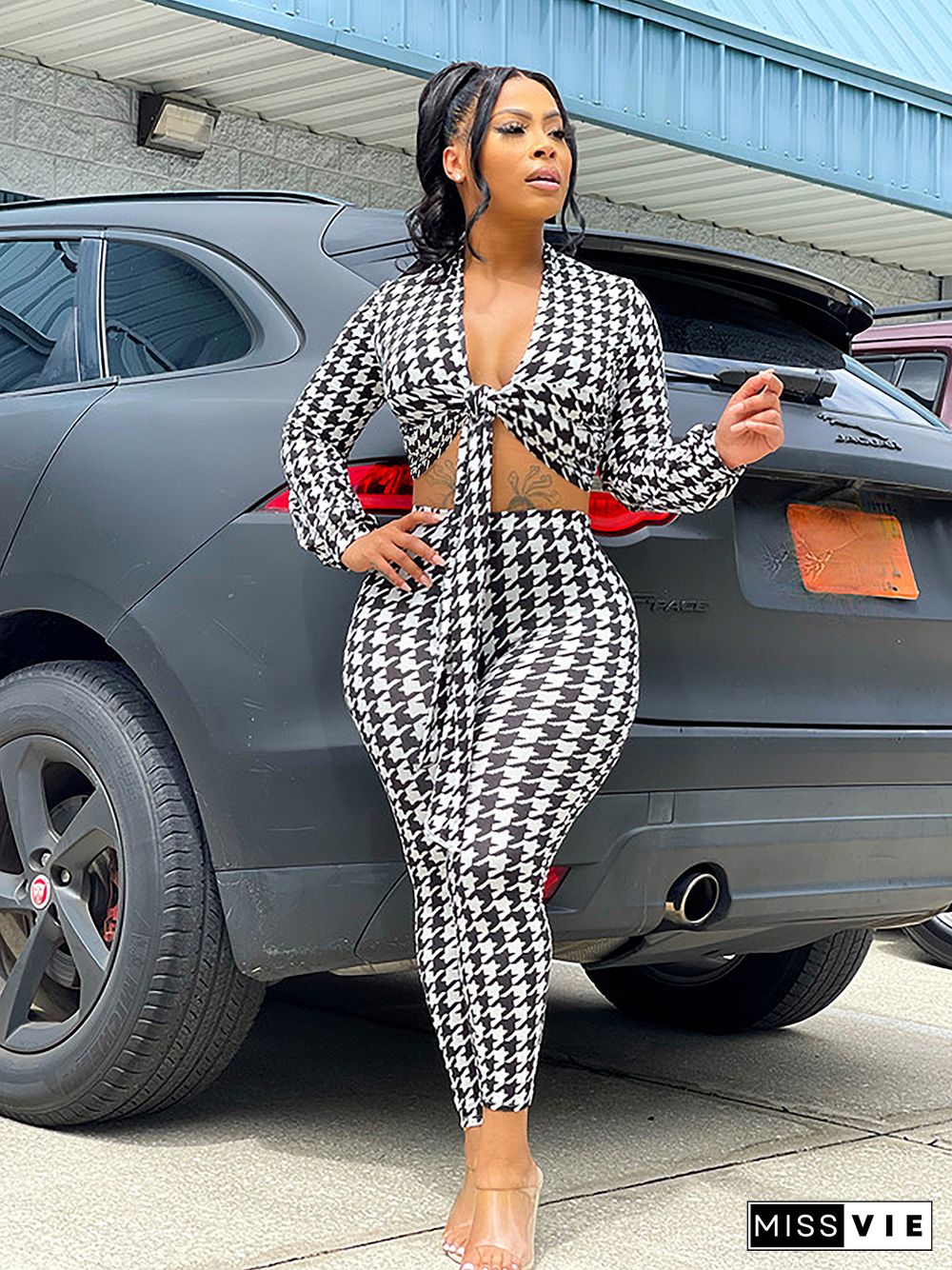 Houndstooth Print Bandage Crop Top Pants Set