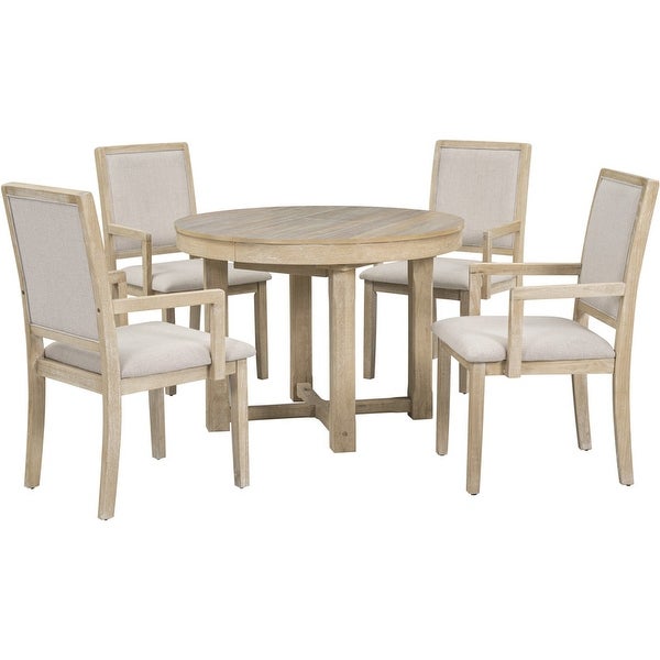 5 piece furniture set， round to oval expandable butterfly leaf dining table and 4 upholstered chairs with armrests， 5 pieces