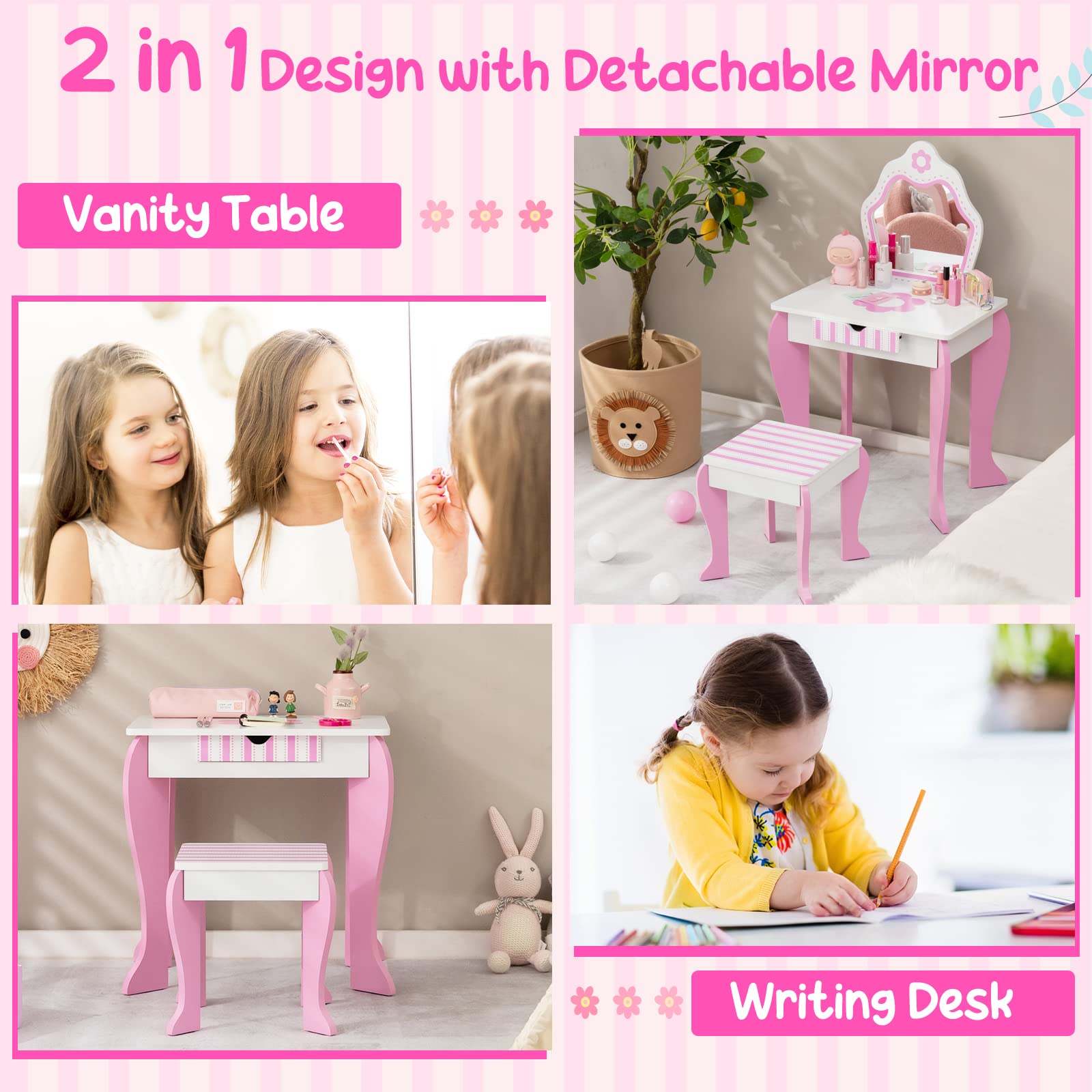 Costzon Kids Vanity, Girls Vanity Set with Mirror and Stool