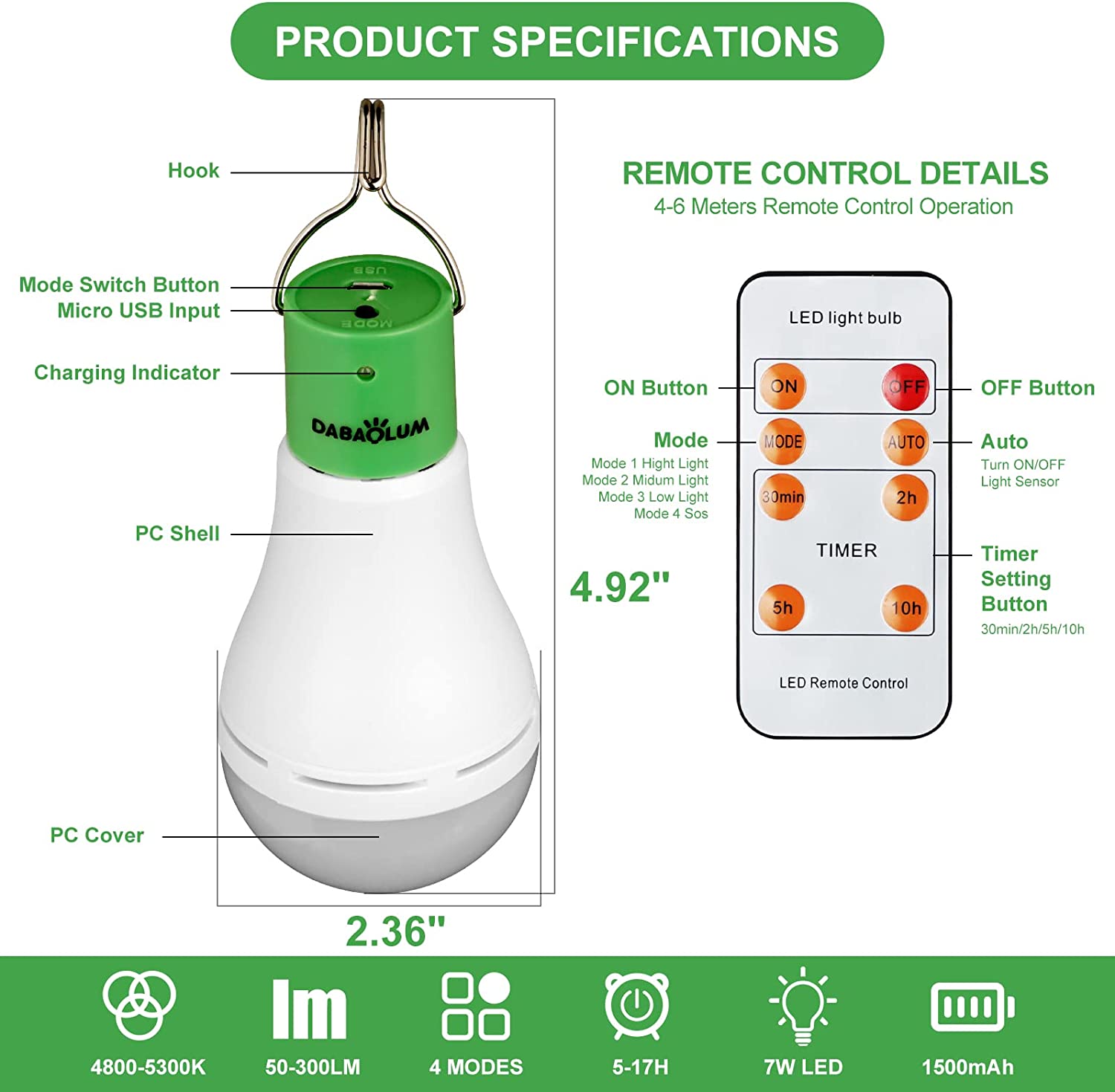 DABAOLUM Portable USB Light Bulbs 7W Rechargeable Emergency LED Light Bulb 1500mAh Battery Operated with Remote Timer Hook and 4 Lighting Modes for Power Failure， Power Outage， Camping， Tent-1pcs