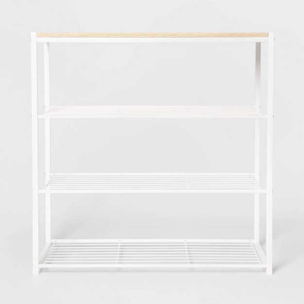 4 Tier Shoe Rack White Metal With Natural Wood