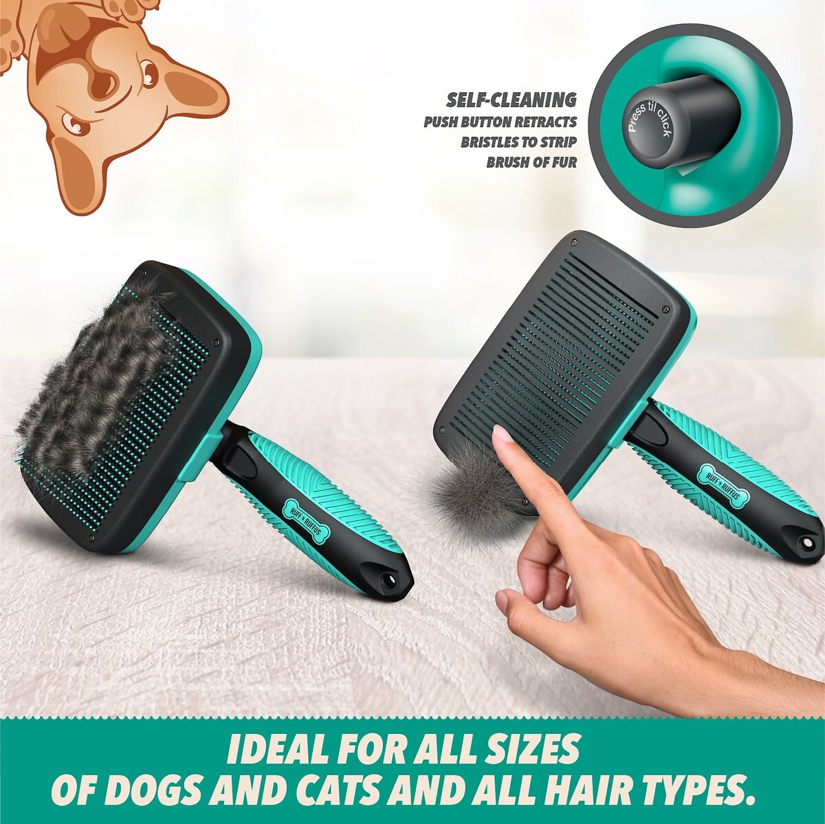 Ruff 'N Ruffus Self-Cleaning Pet Slicker Brush and Nail Clippers， Aqua