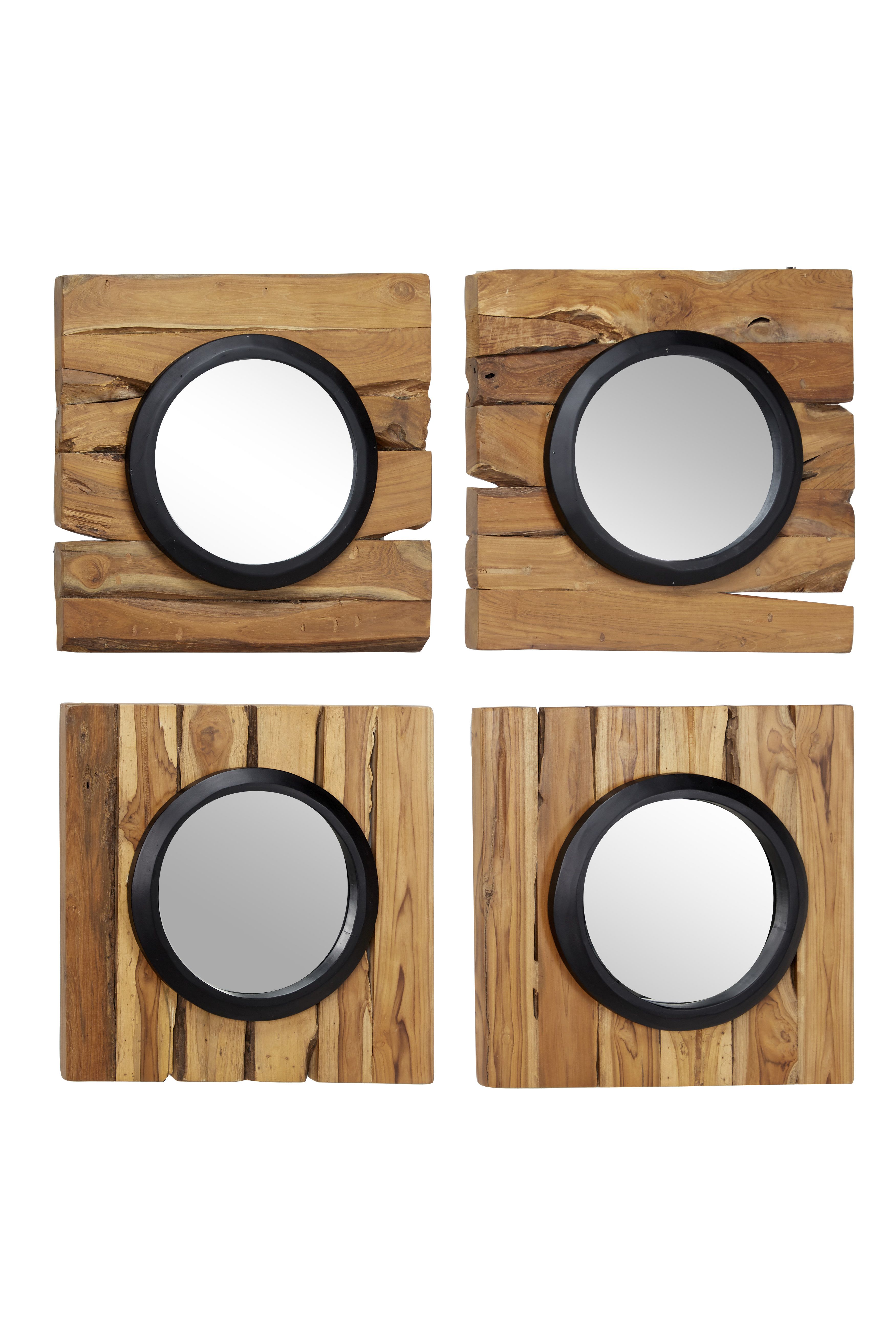 Set of 4 Brown Teak Wood Rustic Floral Wall Mirror 18quot x 18quot