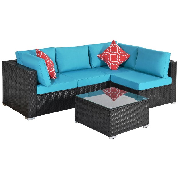 5pc Wicker Patio Sectional Seating Set With Cushions Espresso blue Godeer