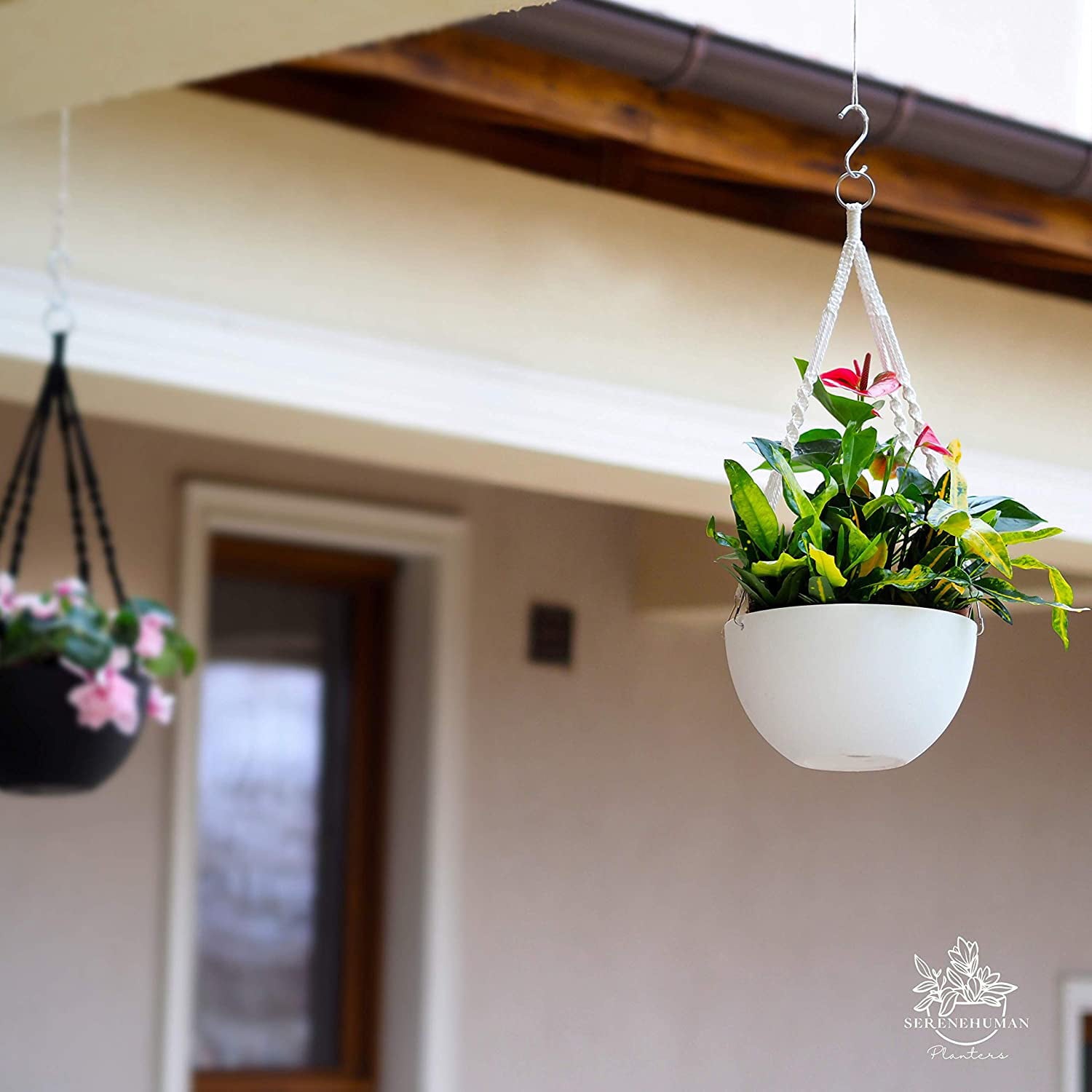 2X Self Watering Hanging Planters (10" inch) | Macrame Plant Hangers with Handmade Rope by Serenehuman (White)