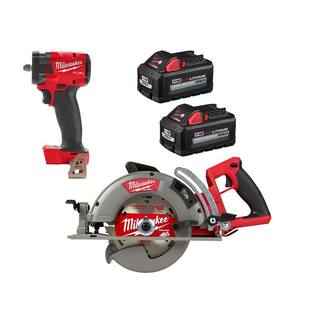 MW M18 FUEL 18-Volt Lithium-Ion Cordless 7-14 in. Rear Handle Circ Saw w38 in. Impact Wrench wTwo 6 Ah HO Batteries 2830-20-2854-20-48-11-1862