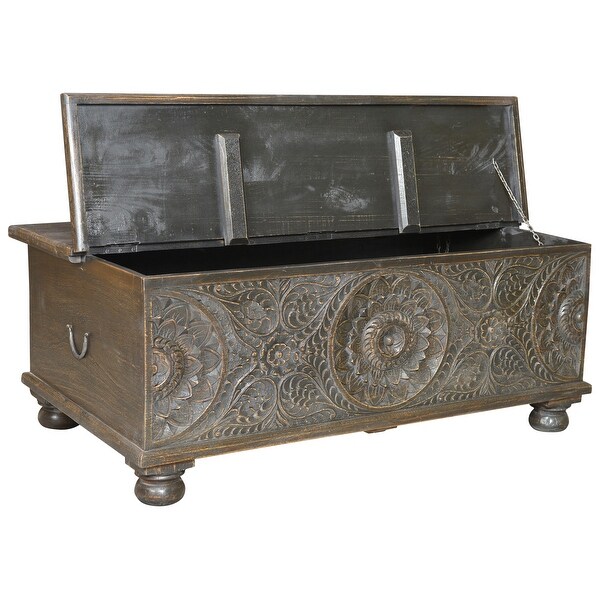 Florence Floral Carved Wood Coffee Table with Storage in Antique Black