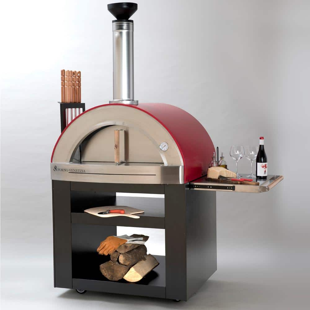 FORNO VENETZIA Torino 300 24 in. x 32 in. Wood Burning Oven with Cart in Red FVTOR300R