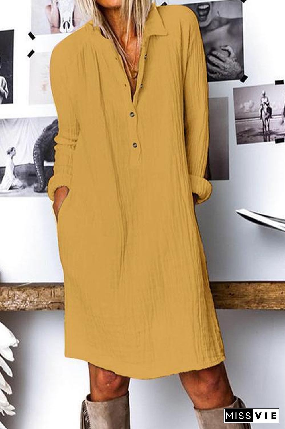 Linen Button Pockets Long Sleeve Dress