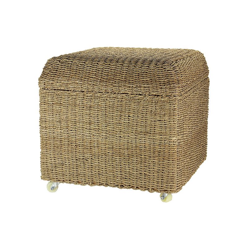 Household Essentials Rolling Seagrass Wicker Storage Ottoman with Lid