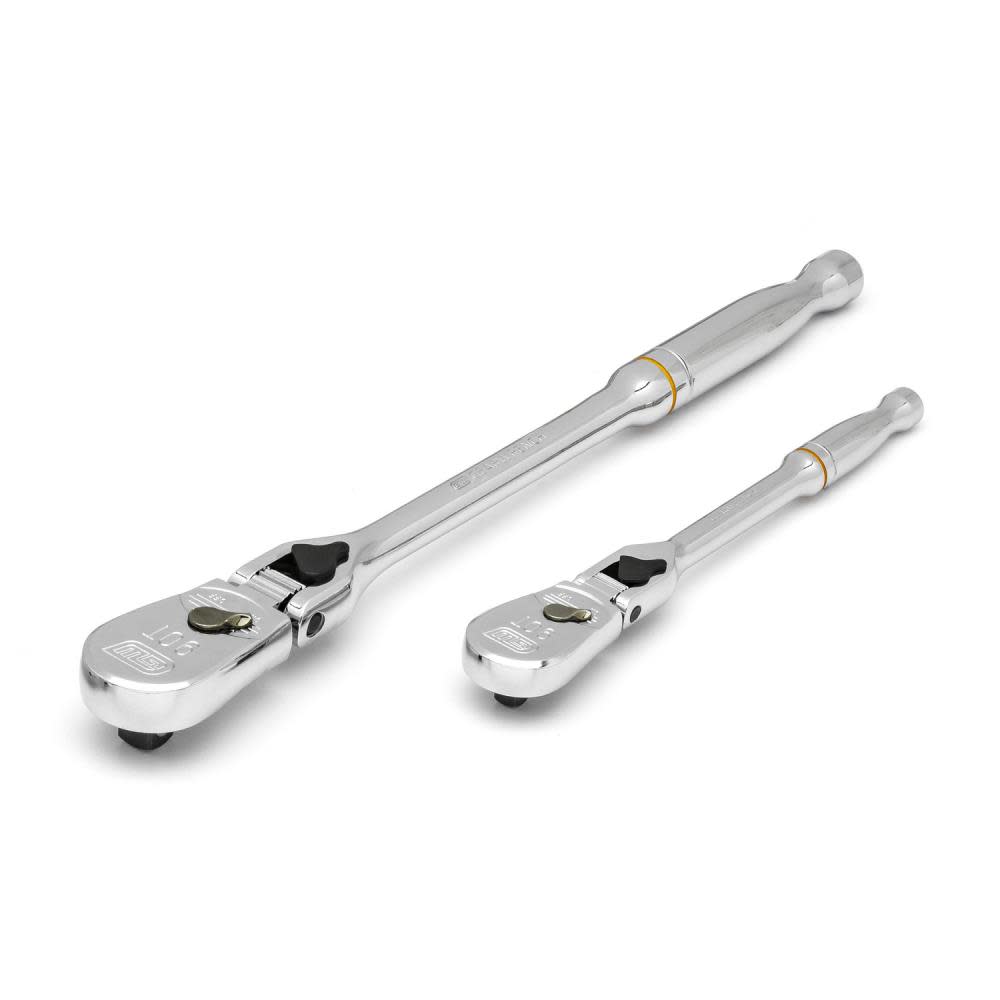 2 Pc 1/4 and 3/8 Drive 90 Tooth Locking Flex Head Teardrop Ratchet Set ;