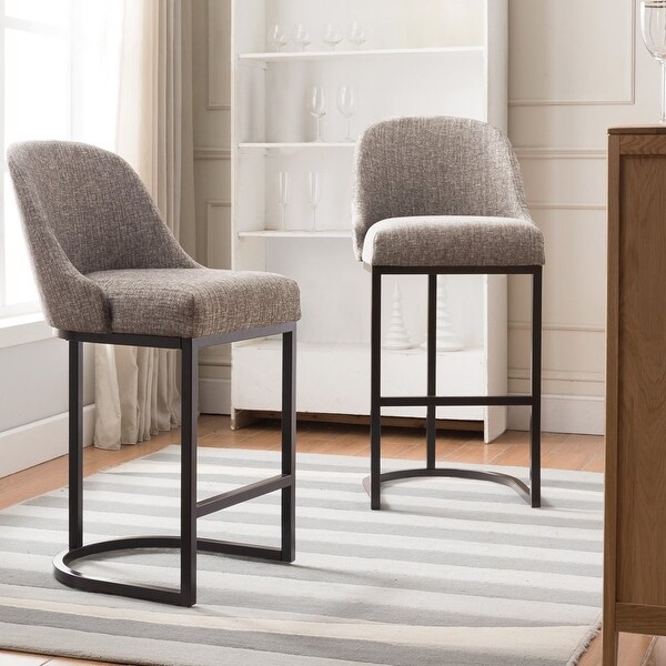 Design House Barrelback Bar Stool with Gray Linen Seat and Espresso Metal Base， Set of 2