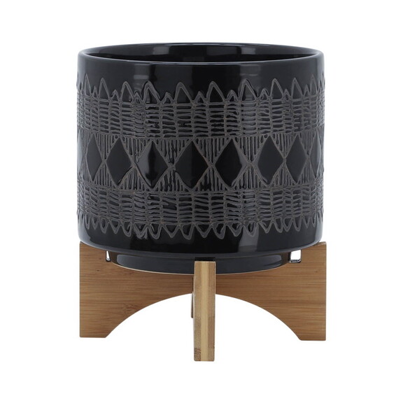 Ceramic 8 Aztec Planter On Wooden Stand  Black B0...