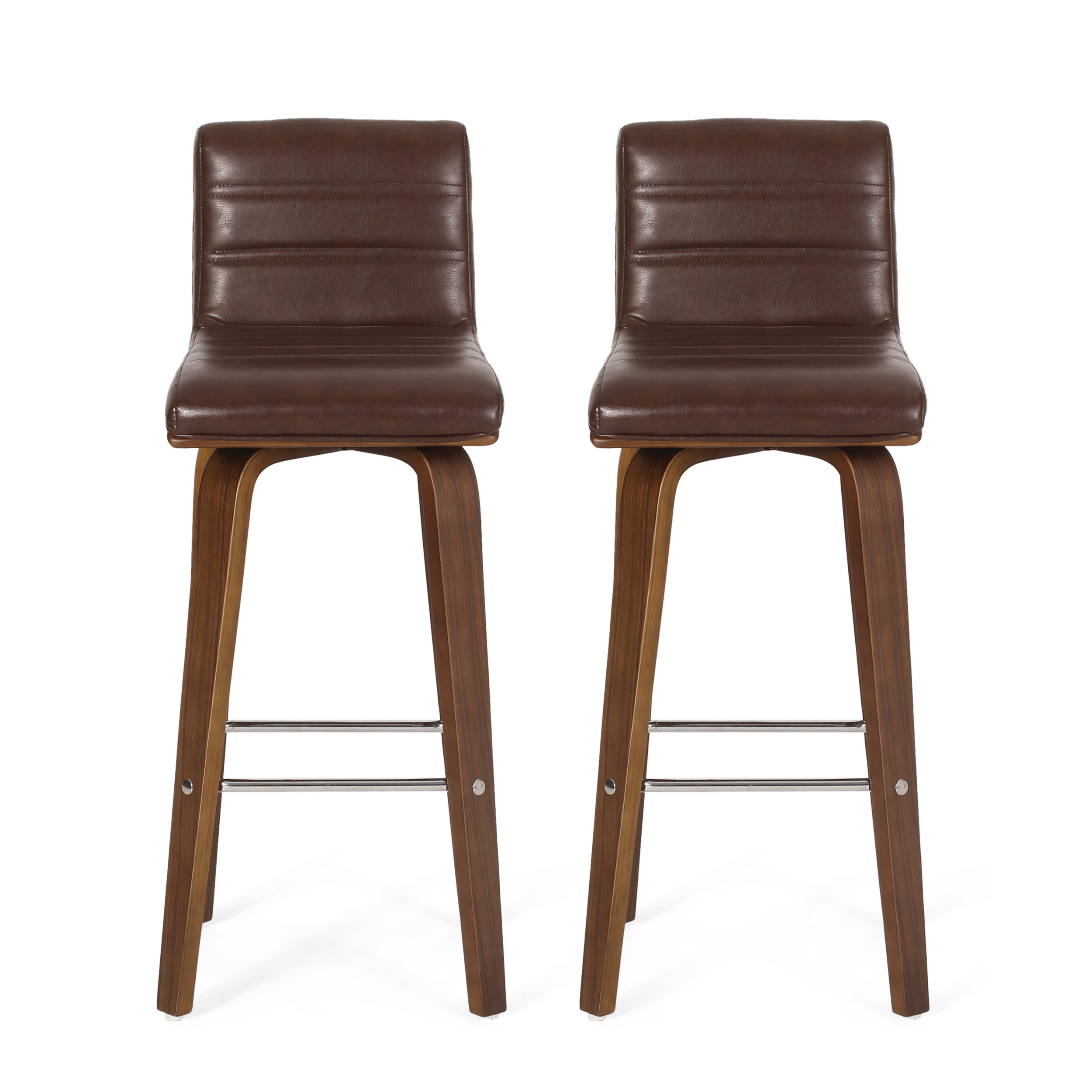 Mendon Mid Century Modern Channel Stitch Bentwood Swivel Barstools, Set of 2