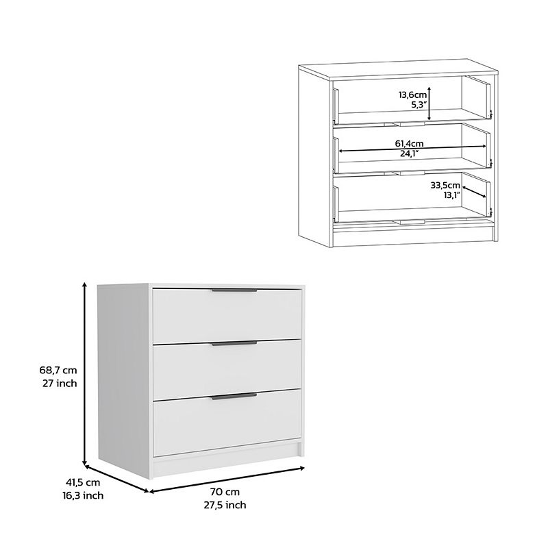 DEPOT E-SHOP Egeo 3 Drawers Dresser， Superior Top， White