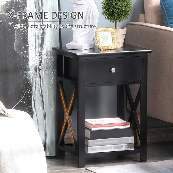 Side Table，Farmhouse End Table w/Storage Drawer，Open Shelf and Xframe