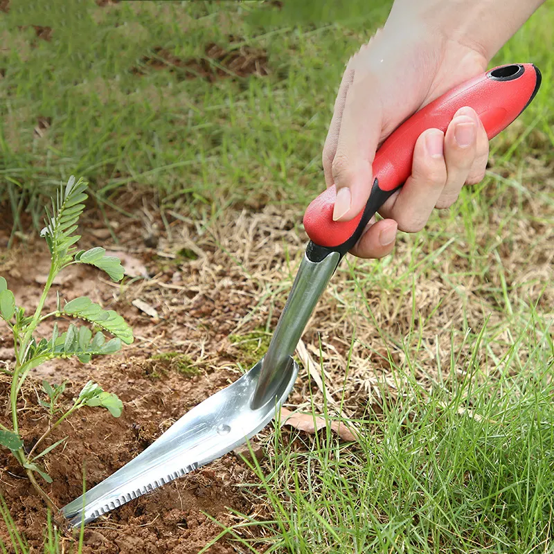 Stainless Steel Head Rubber Handle Garden Plant Transplanter Weeding Tools Sawtooth Hand Weeder